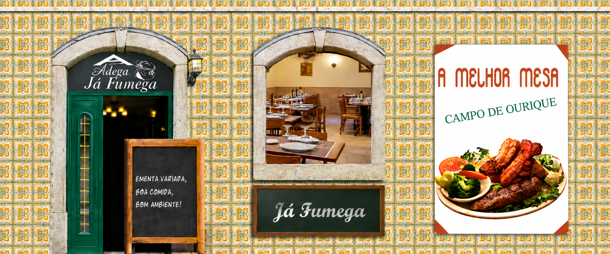 Montagem do site da Adega Já Fumega: fachada de azulejos, porta verde, sala de refeições e prato de carne grelhada